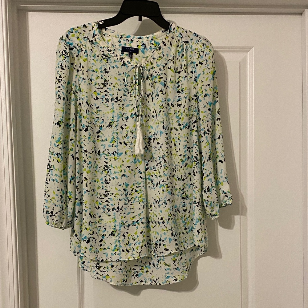 KAARI blue Sz L Tassel Tie Blouse - print Blue/Green on White